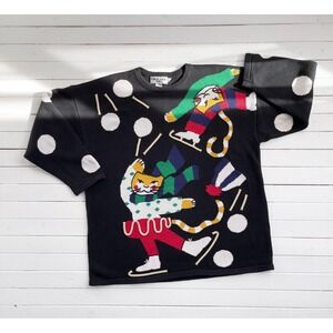 vtg Christmas ice‎ skating cats plus size black cotton sweater 2X